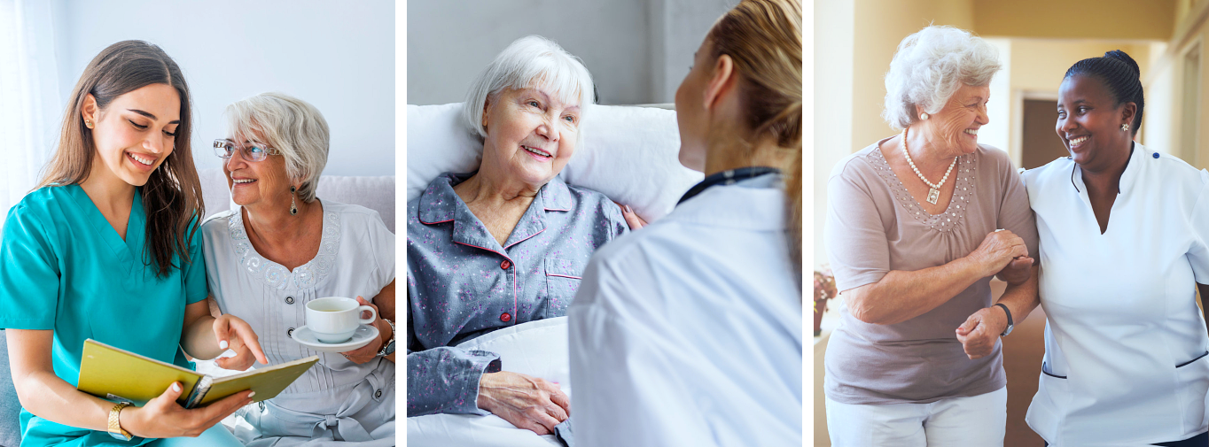 caregiver and senior woman smiling in different images